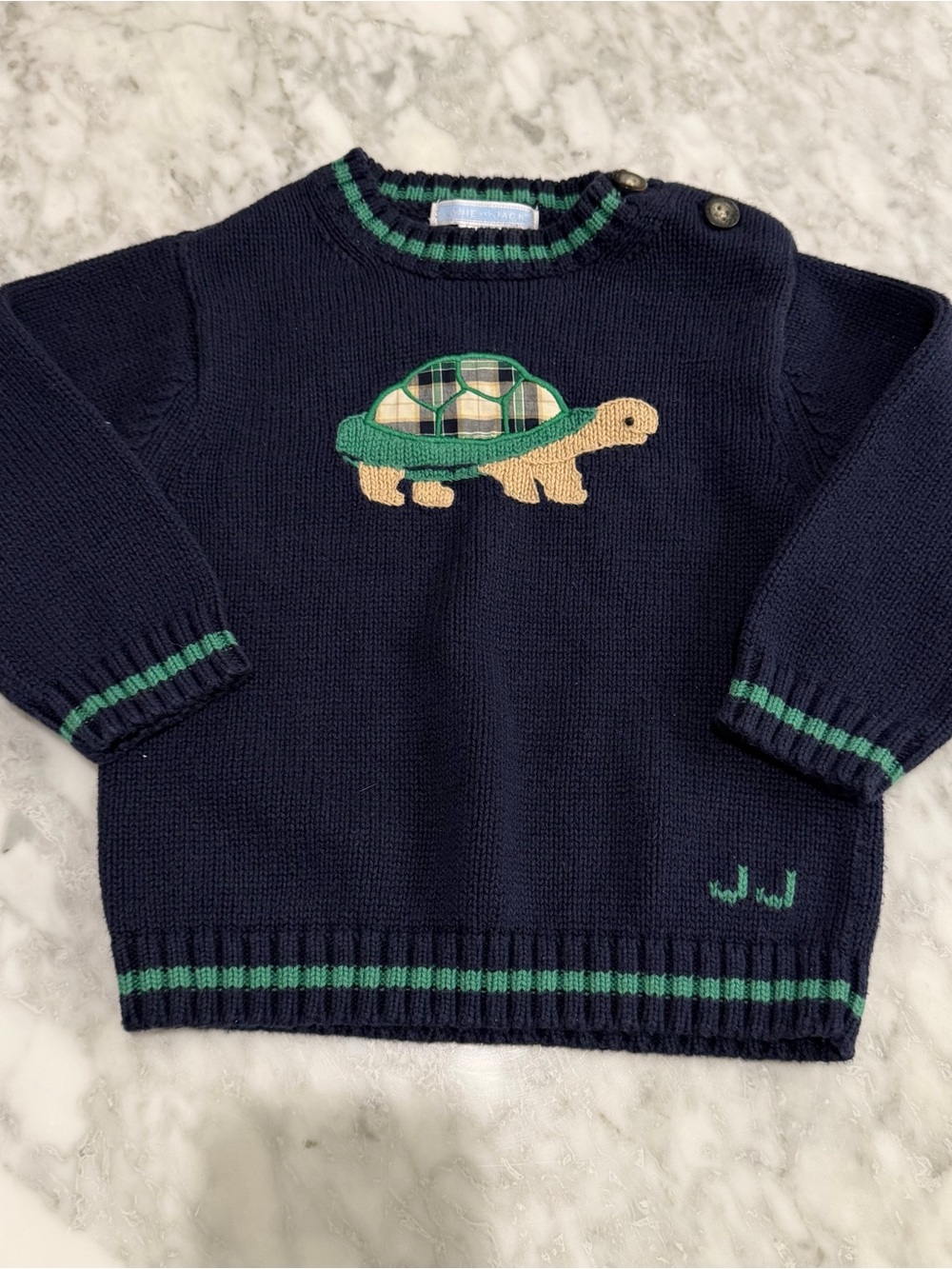 Janie And Jack 12-18M Navy Plaid Turtle Applique Cotton Sweater Old Label
